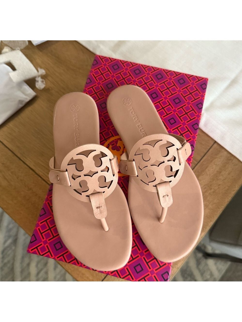 New Tory Burch miller soft calf leather sandals in light sand / makeup colo